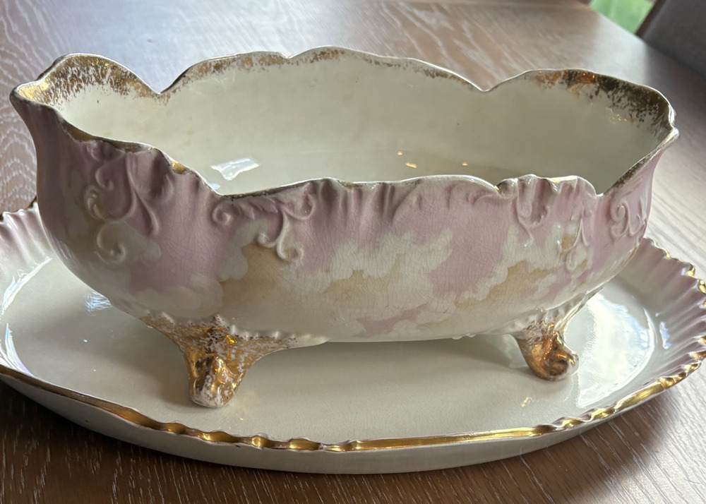 LIMOGES ANTIQUE VTG BAVARIA HAND PAINTED PORCELAIN GOLD FOOTED BOWL AND TRAY